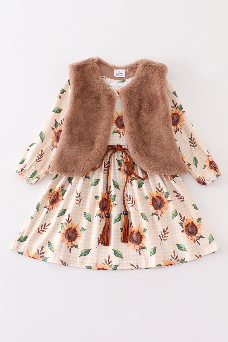Beige Sunflower Print Dress with Vest