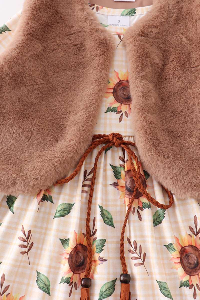 Beige Sunflower Print Dress with Vest