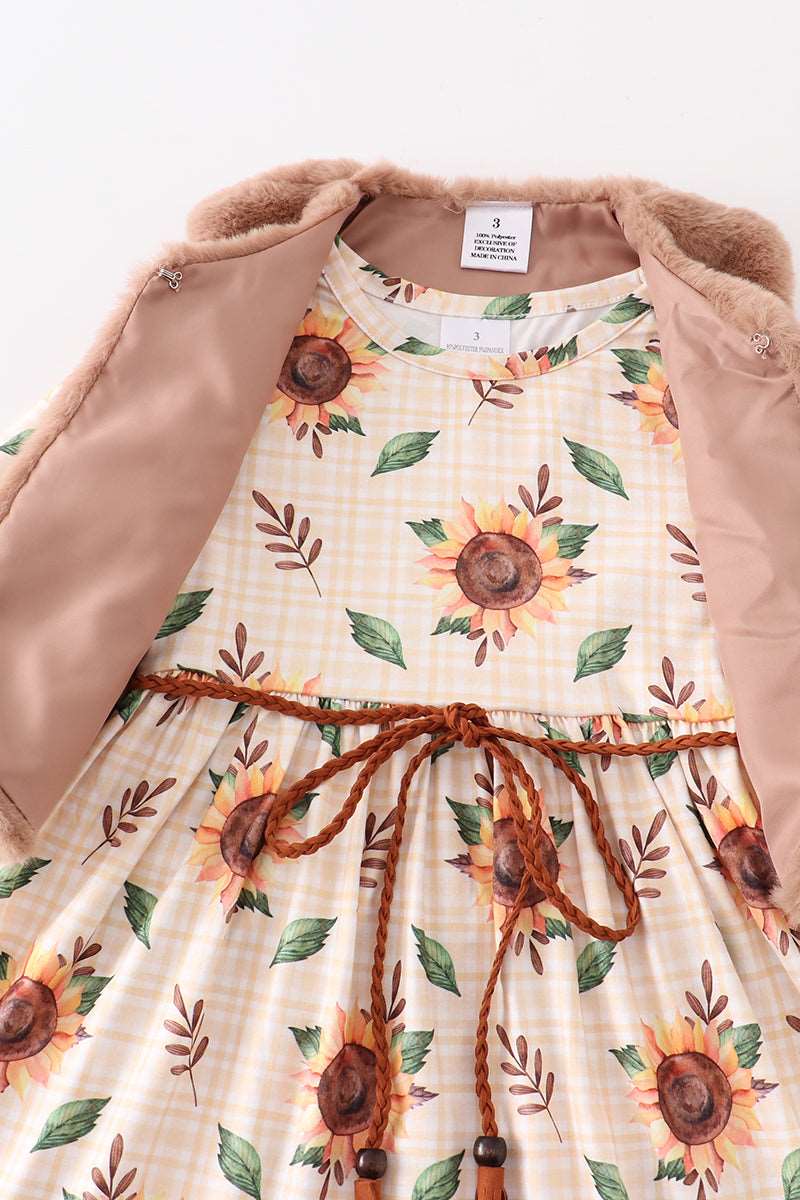 Beige Sunflower Print Dress with Vest