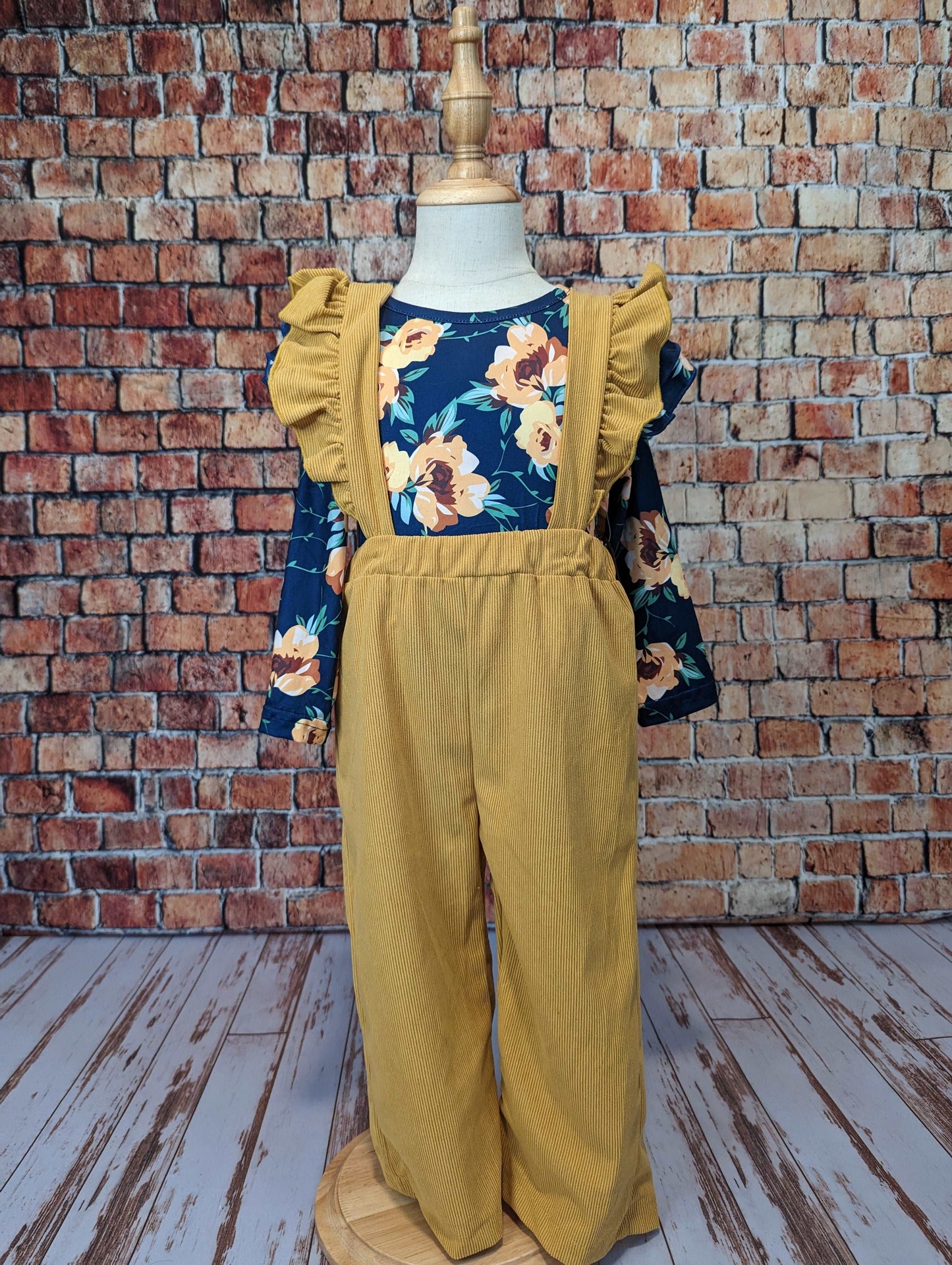 Corduroy Mustard Yellow Floral Suspenders Set