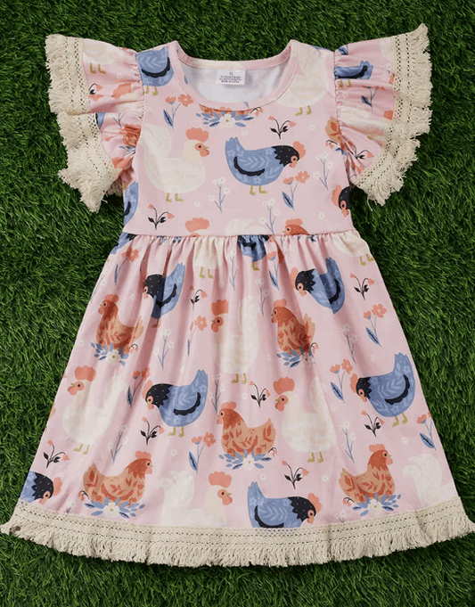 Hen Printed Dress with Tassels