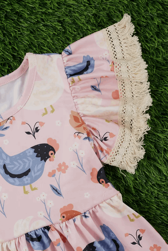 Hen Printed Dress with Tassels