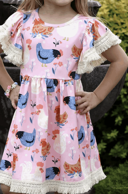 Hen Printed Dress with Tassels