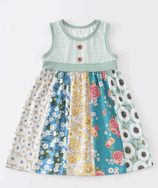 Green floral print plaid buttons dress