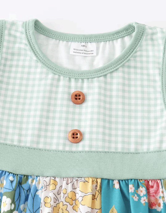 Green floral print plaid buttons dress