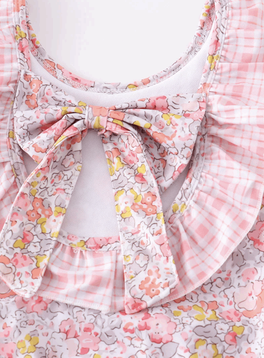 Pink floral print ruffle bow girl swimsuit