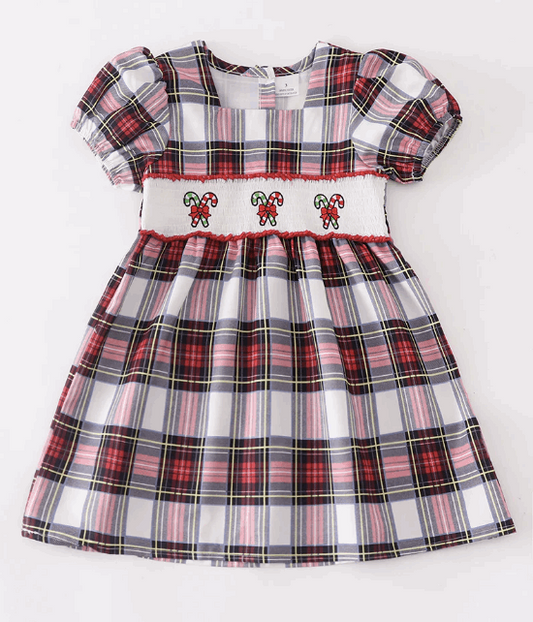 Christmas candy cane smocked plaid dress