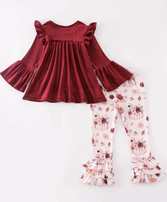 Maroon pumpkin floral velvet bell ruffle set