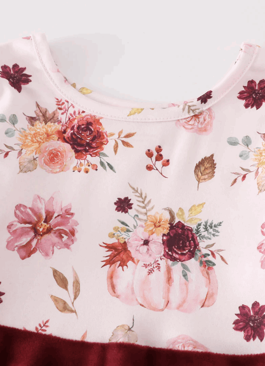 Maroon pumpkin floral velvet twirl dress