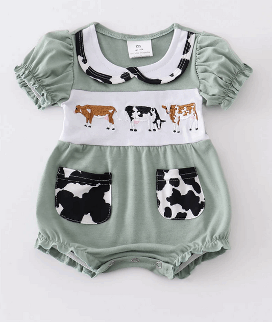 Green cow embroidery baby girl bubble