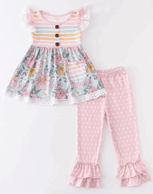 Pink stripe floral print ruffle set