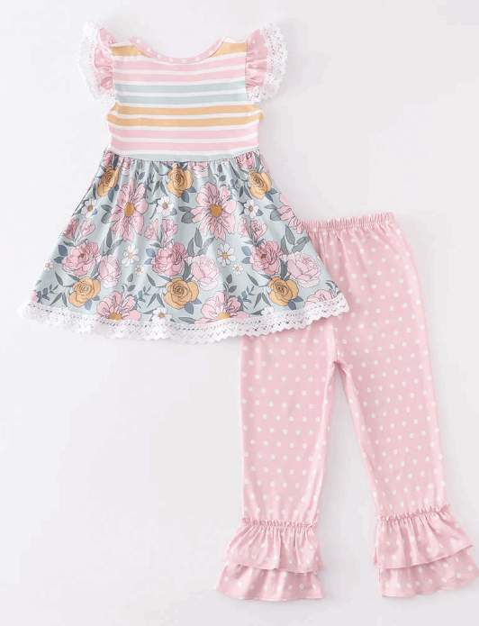 Pink stripe floral print ruffle set