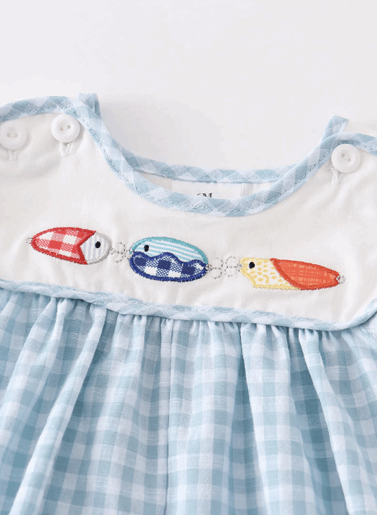 Blue plaid fish applique boy romper