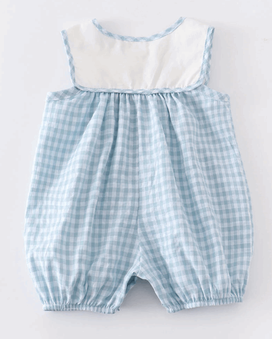 Blue plaid fish applique boy romper