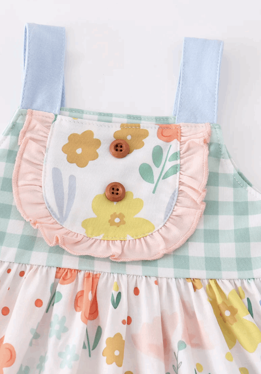 Floral Gingham Ruffle Dress with Lace