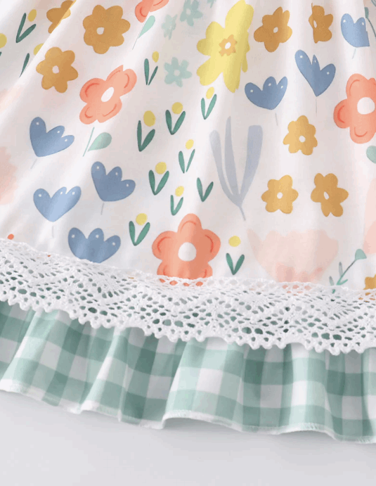 Floral Gingham Ruffle Dress with Lace