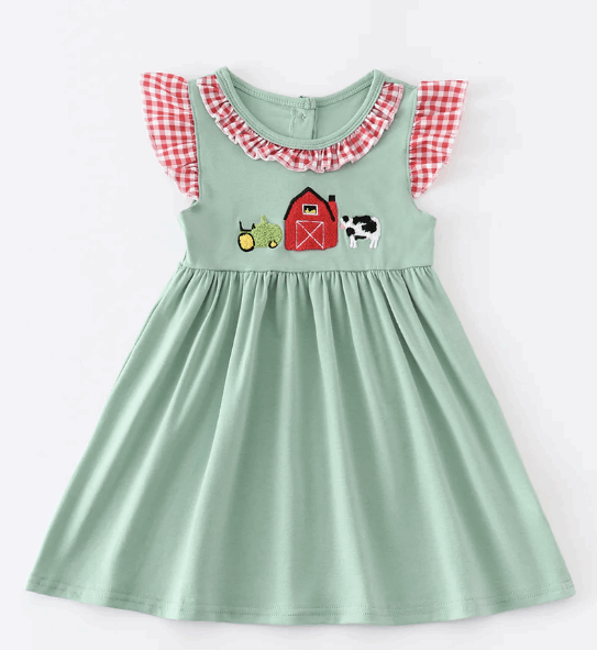 Green french knot farm ruffle dress