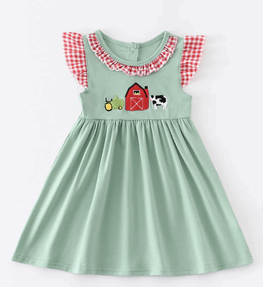 Green french knot farm ruffle dress