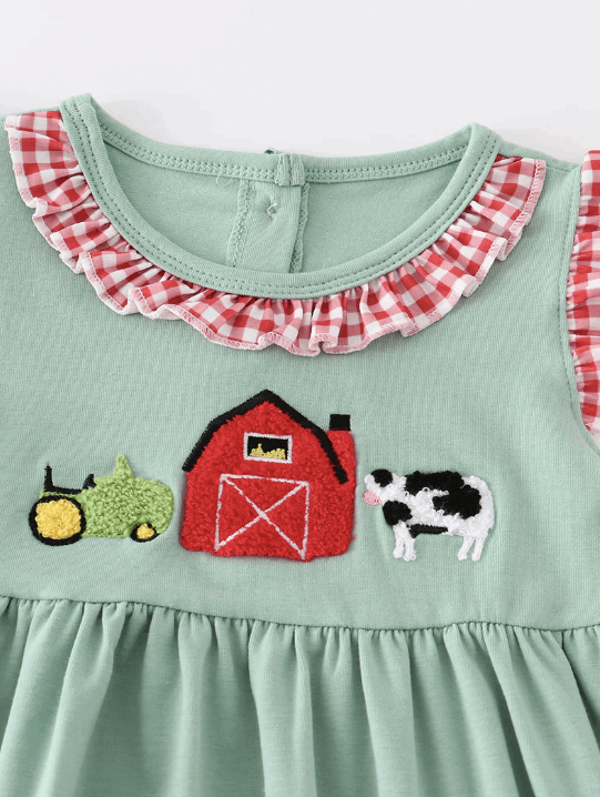 Green french knot farm ruffle dress