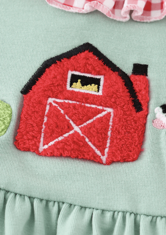 Green french knot farm ruffle dress