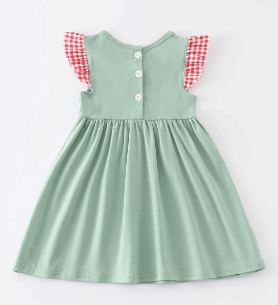 Green french knot farm ruffle dress