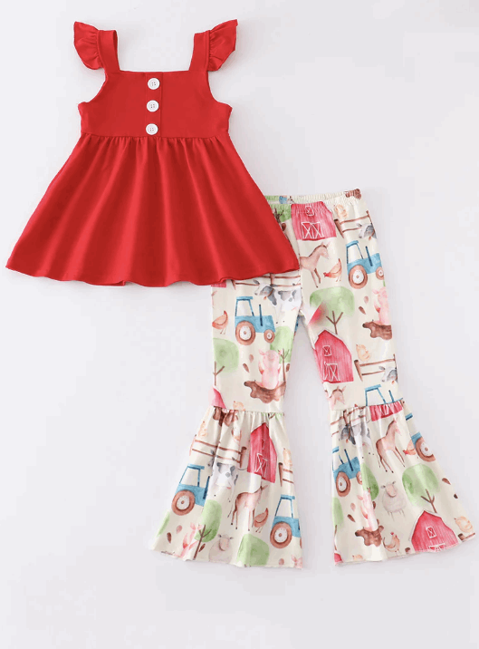 Red farm ruffle bell pant girl set