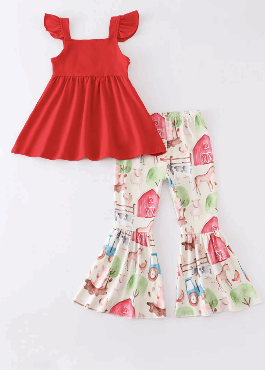 Red farm ruffle bell pant girl set