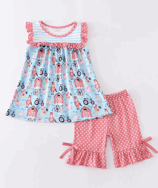 Blue farm print stripe ruffle girl set