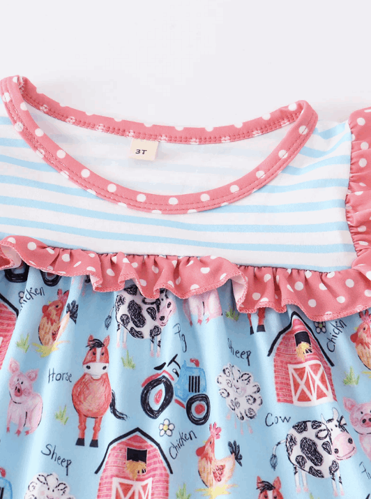 Blue farm print stripe ruffle girl set