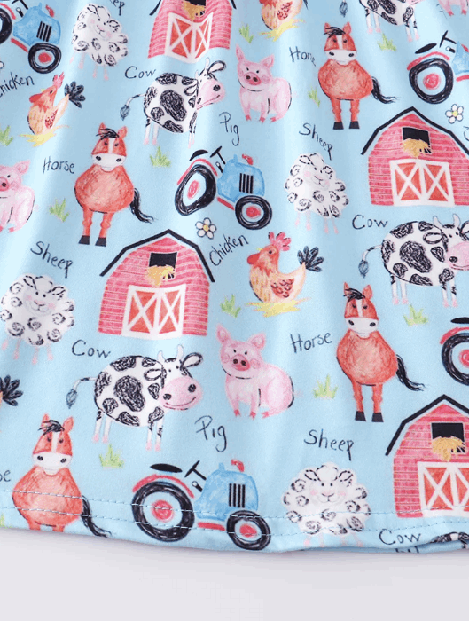 Blue farm print stripe ruffle girl set