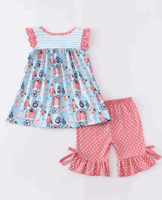 Blue farm print stripe ruffle girl set