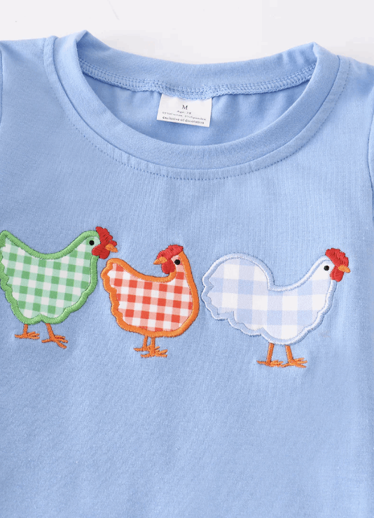 Blue chicken embroidery plaid boy set