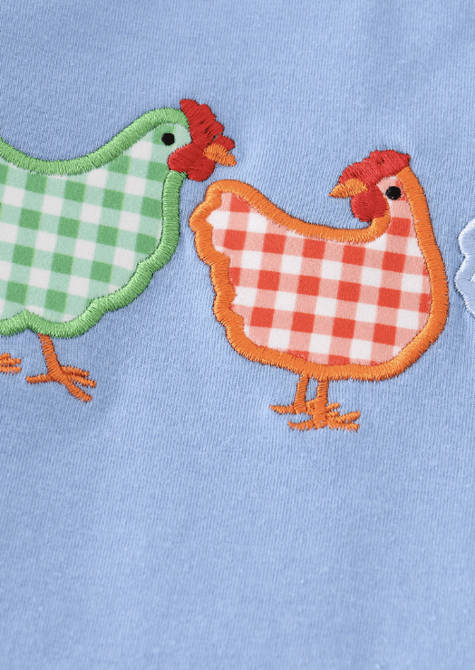 Blue chicken embroidery plaid boy set