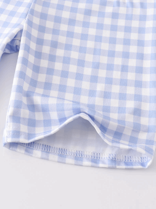 Blue chicken embroidery plaid boy set