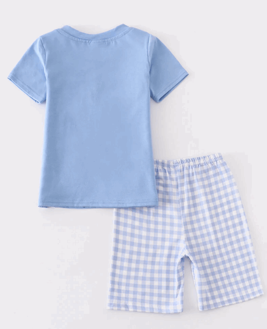 Blue chicken embroidery plaid boy set