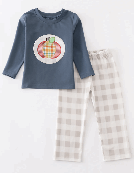 Blackish green pumpkin applique plaid boy set
