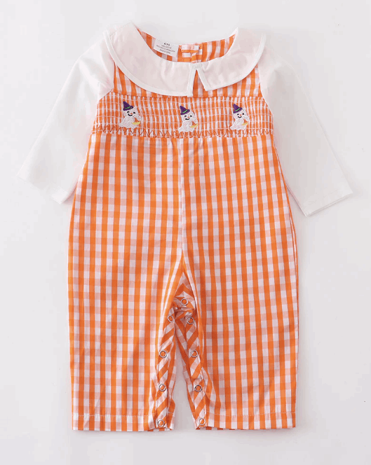 Orange plaid ghost smocked boy romper
