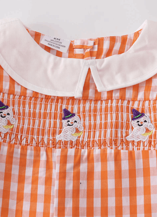 Orange plaid ghost smocked boy romper