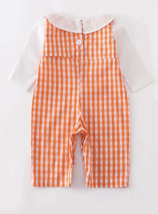 Orange plaid ghost smocked boy romper