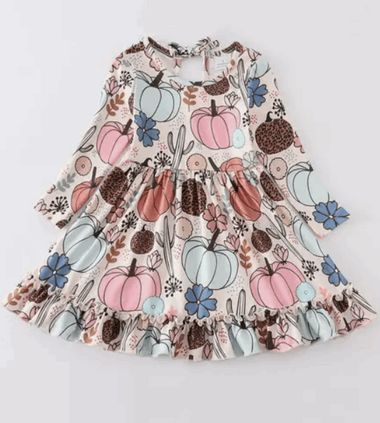 Pumpkin Print Ruffle Girl Dress