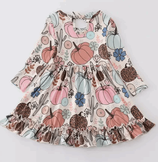 Pumpkin Print Ruffle Girl Dress