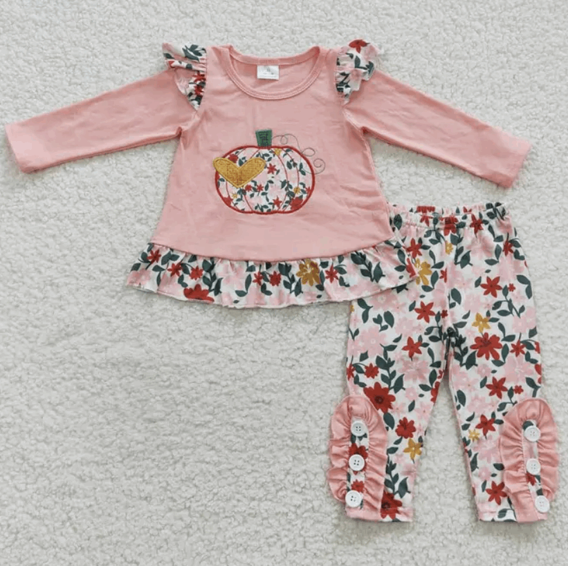 Girls Pink Pumpkin Floral Pants Set