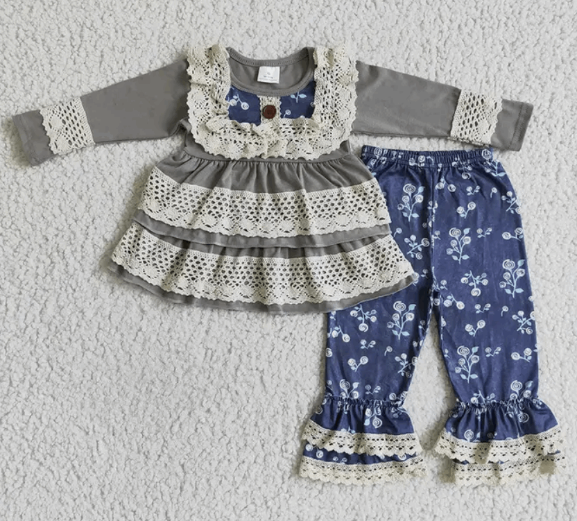 Girls Navy Floral Fall Lace Pants Set