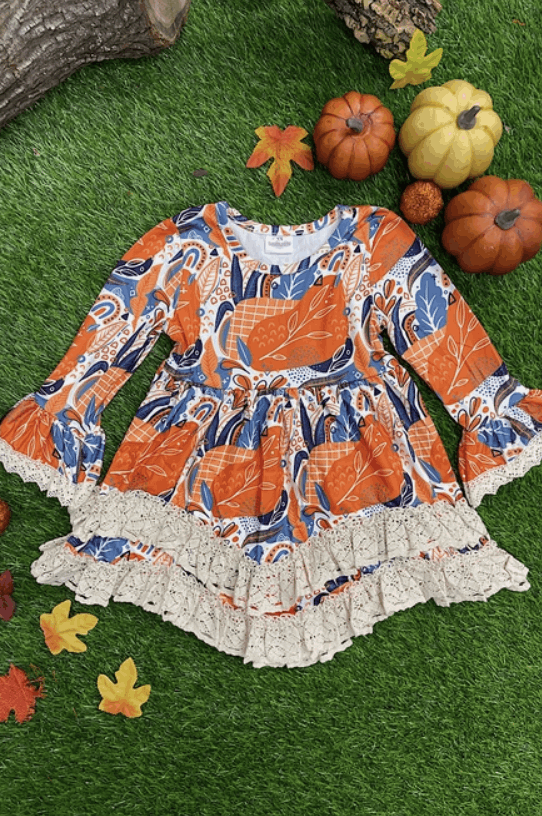 Orange Fall Print Dress with Ruffle Trim
