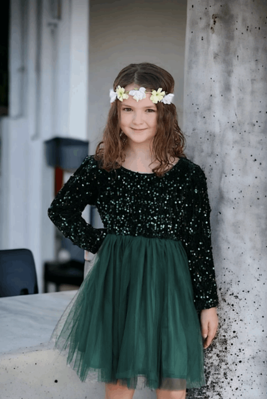Forest Green Sequin Dress with Tulle