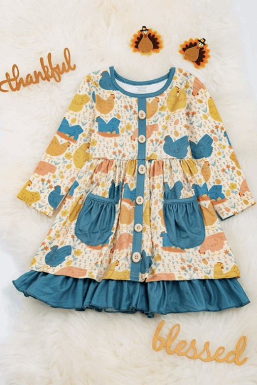 Hen Printed Dress with Teal Pockets