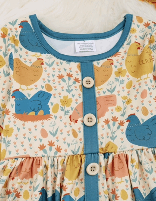 Hen Printed Dress with Teal Pockets