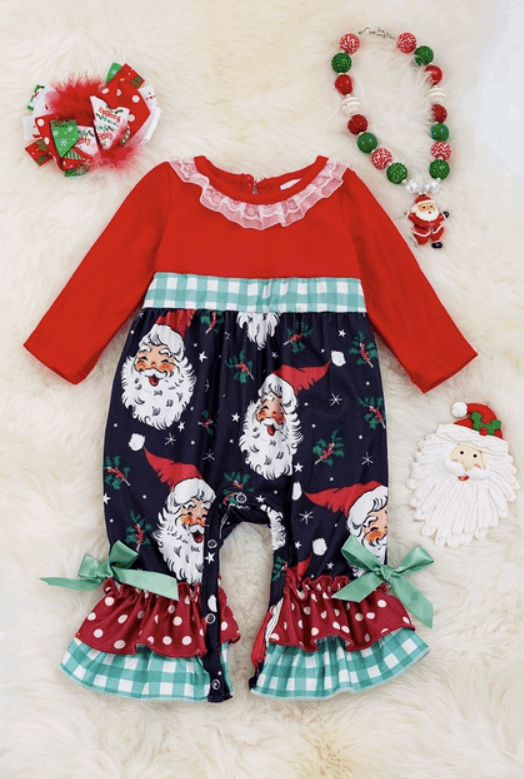 Red & Blue Santa Printed Romper