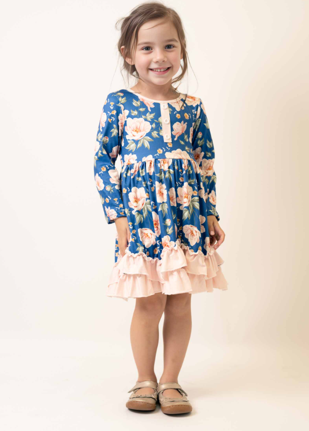 Navy Floral Ruffle Dress