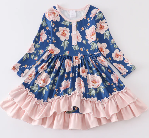 Navy Floral Ruffle Dress